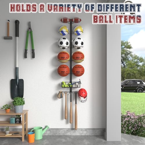 8 Tier Detachable Wall Mounted Basketball Rack,DIY Vertical/Horizontal Football Holder,Height-Adjustable Multifunctional Ball Rack Sports Equipment Organizer with Basket for Ball Storage Garage