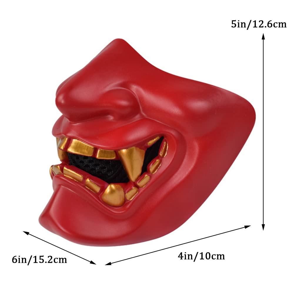 AOUTACC Airsoft Half Face Masks, Evil Demon Monster Kabuki Samurai Hannya Oni Half Face Protective Masks for Masquerade Ball, Party, Halloween, Cs War Game, BB Gun(Red)