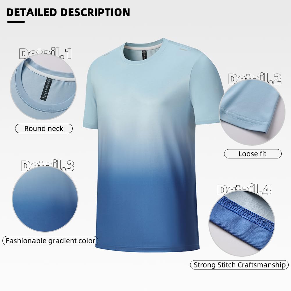 TOLOER Men's Short Sleeves T-Shirt Summer Quick Drying Athletic Top Running Fitness Training Casual Clothing Light Blue L