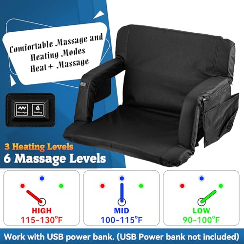 Heated Massage Stadium Seats 2 PC, 25 Inch Heated Stadium Seats for Bleachers with 10000mAh Power Bank, 3 Levels of Heat & 6 Massage, 6 Reclining Positions for Indoor Stadiums, Baseball Stadiums