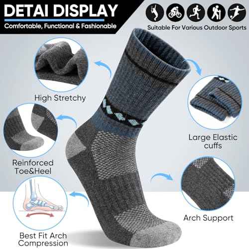 Merino Wool Hiking Socks for Men Moisture Wicking Cushion Thermal Warm Winter Crew Outdoor Boot Socks(5 Pairs)
