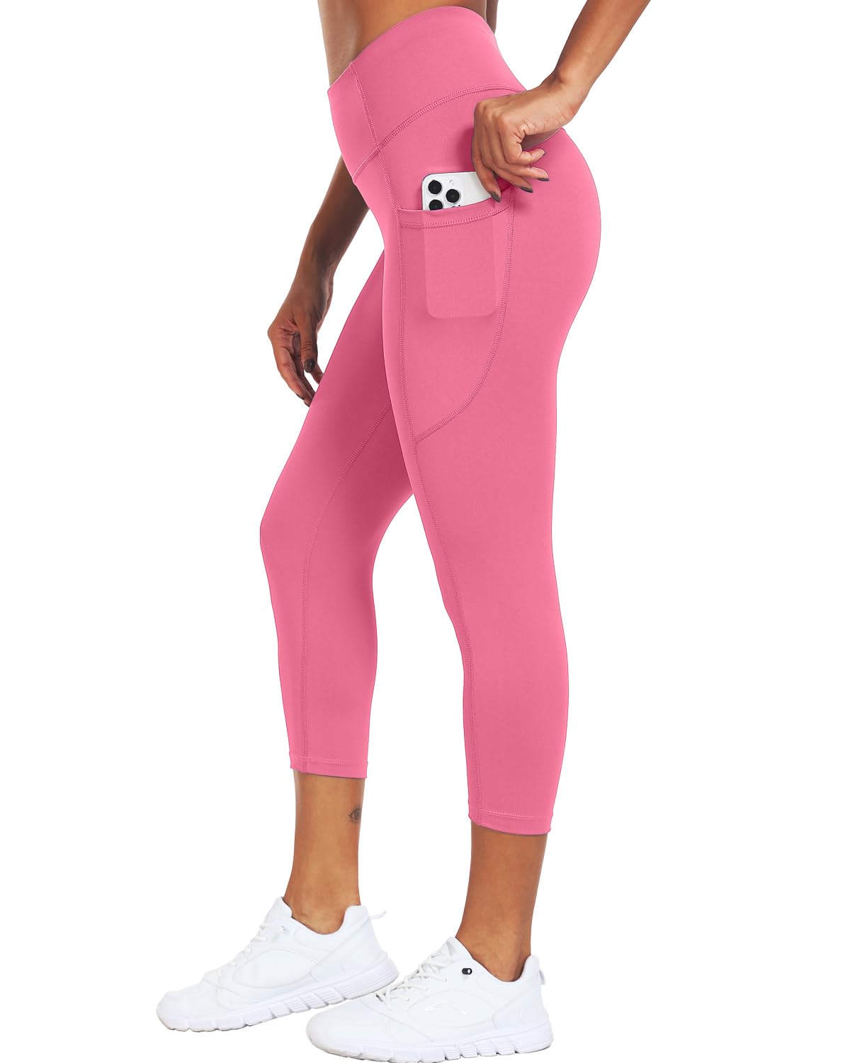 CADMUS High Waisted Workout Legging Capri for Women Athletic Yoga Pants with Two Side Pockets, 1153, Pink, S