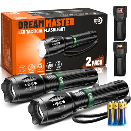 2 Pack LED Flashlights High Lumens with 6 AAA Batteries, 5 Modes Mini Waterproof Tactical Flashlight for Camping Hiking, Bright Flashlight with Zoomable, Fathers Day Gifts for Him, Black & Green