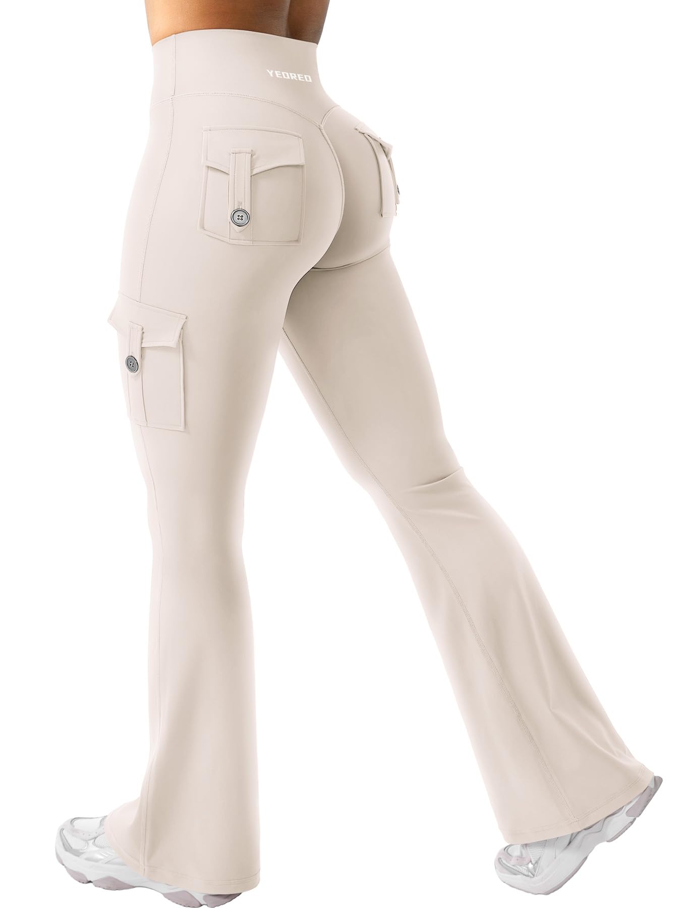 YEOREO CoreFlex Women Workout Flare Leggings with Pockets Hidden Scrunch High Waisted Cargo Gym Yoga Leggings Light Khaki M
