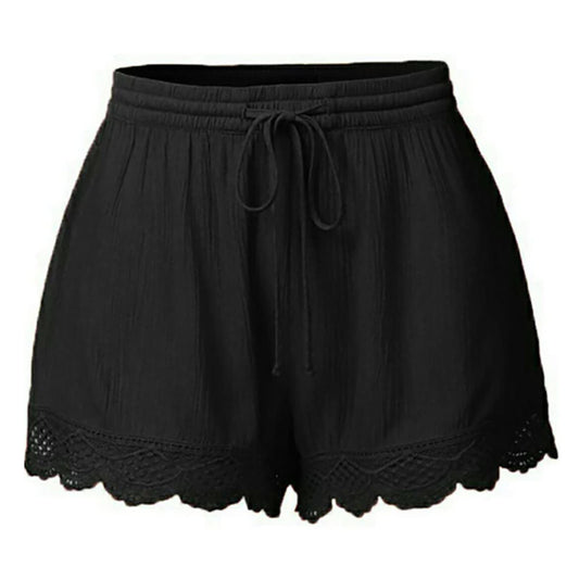 Generic Womens Casual Shorts Drawstring Elastic Waist Lace Trim Summer Beach Shorts Lightweight Loose Yoga Athletic Shorts A-black, Large