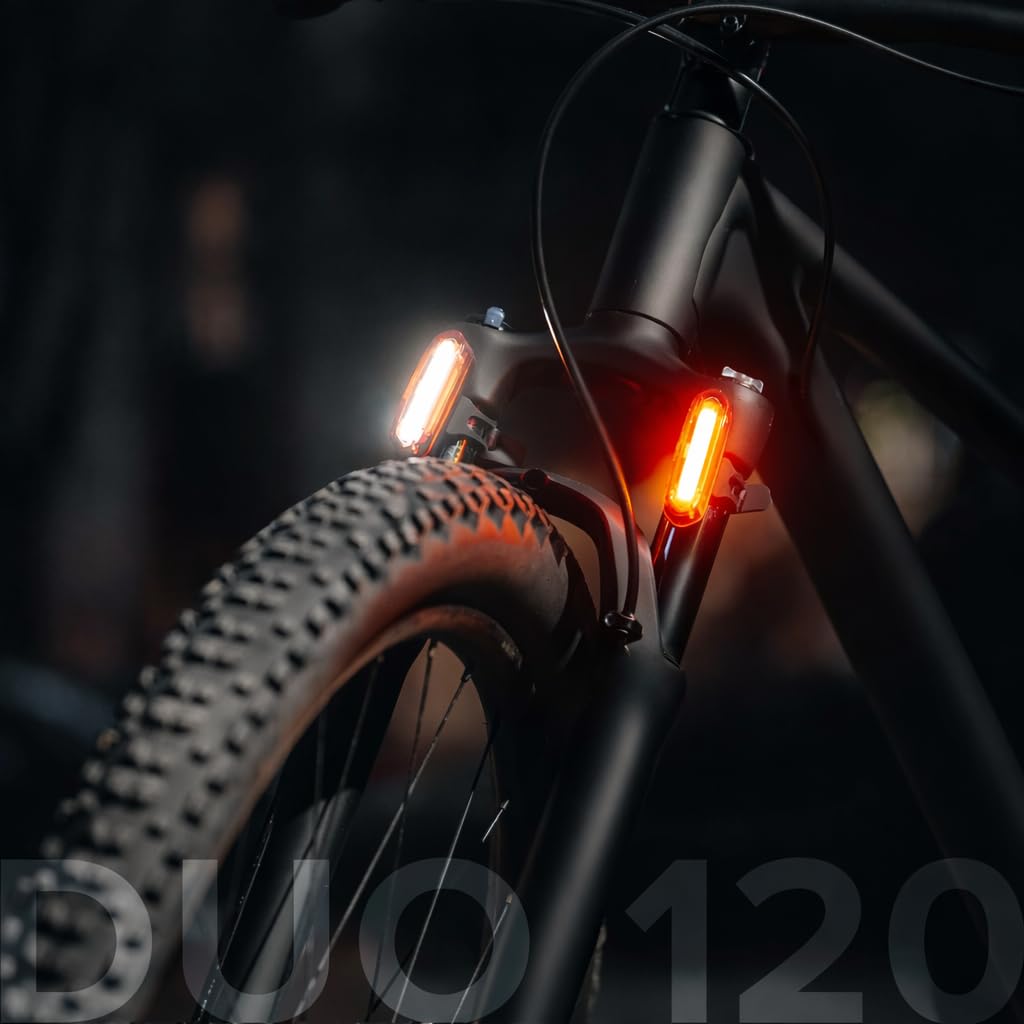 DUO-120 Red & White LED USB-C Rechargeable Bike Light Set Strobe Flashing Front or Rear Safety Warning Road Bike, Mountain Bike, BMX (2 Pack)