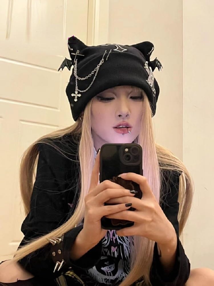 Y2K Gothic Grunge Cat Ear Bat Wing Black Beanie Hat Harajuku Punk Cross Chain Knitted Hat Women Chic Streetwear (Black)