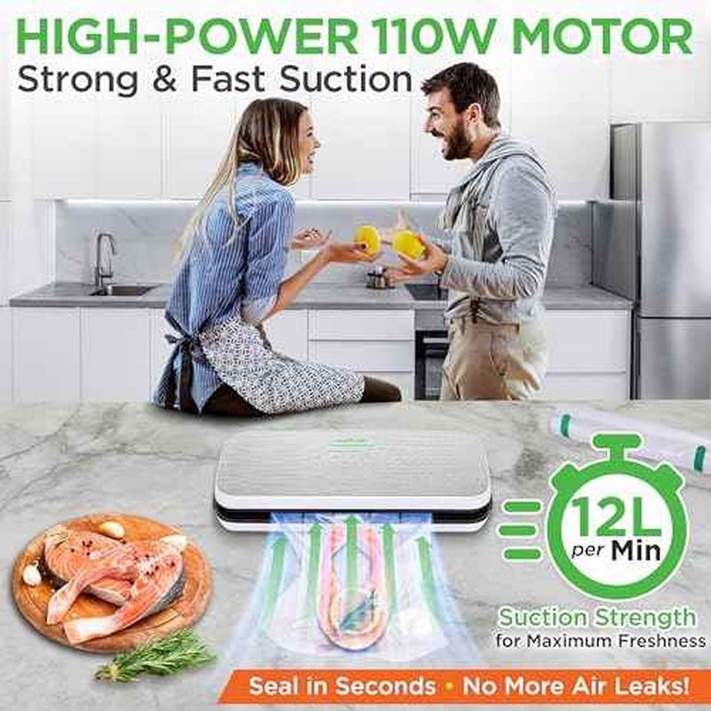 NutriChef Automatic Food Vacuum Sealer, Electric Air Sealing Preserver System for Dry and Moist Foods, LED Control, Strong Suction, Includes Bags, Wine Stopper Cork, and Air Suction Hose, 14¡±x6¡±x3¡±
