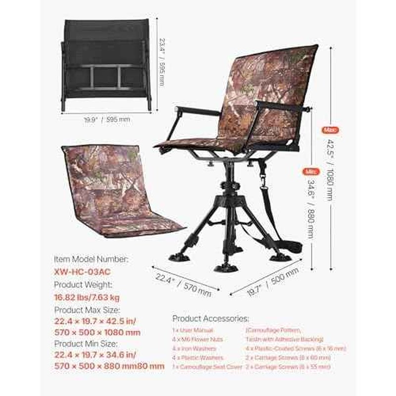 VEVOR Hunting Chair, 360¡Æ Silent Swivel, Foldable Portable Blind Chair, Heavy-Duty Steel Frame Ground Stool Seat, with Armrests, Cover, Anti-Sink Feet, Height Adjustable, 350 Lbs Capacity for Camping