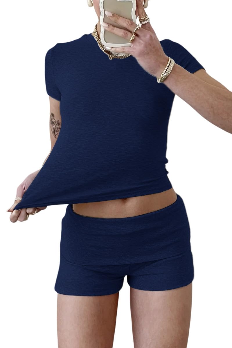 YETOWA Women Y2K 2 Piece Outfits Slim Short Sleeve Low Waist Foldover Shorts Soft Stretchy Tracksuit Streetwear