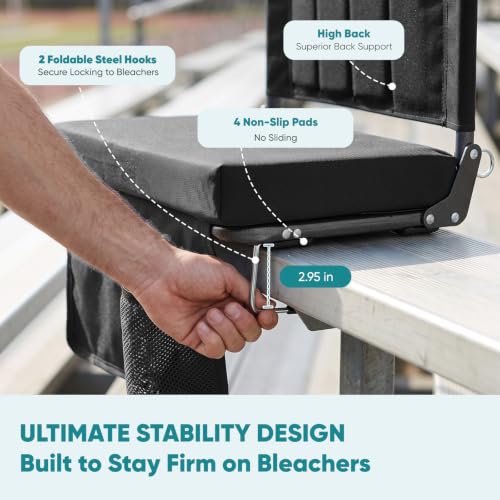 OLIXIS Matte Black Stadium Seats 2-Pack with Back Support, Lightweight Bleacher Chairs