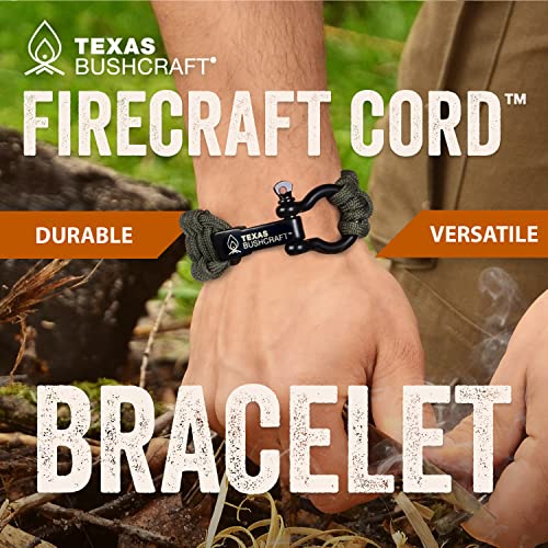 Texas Bushcraft Firecraft Cord Survival Bracelet – Paracord Bracelet with Bow Shackle for Camping and Emergency – 3 Extra Strands Include Wax Thread, Tinder, and Fishing Line (Army Green, M)