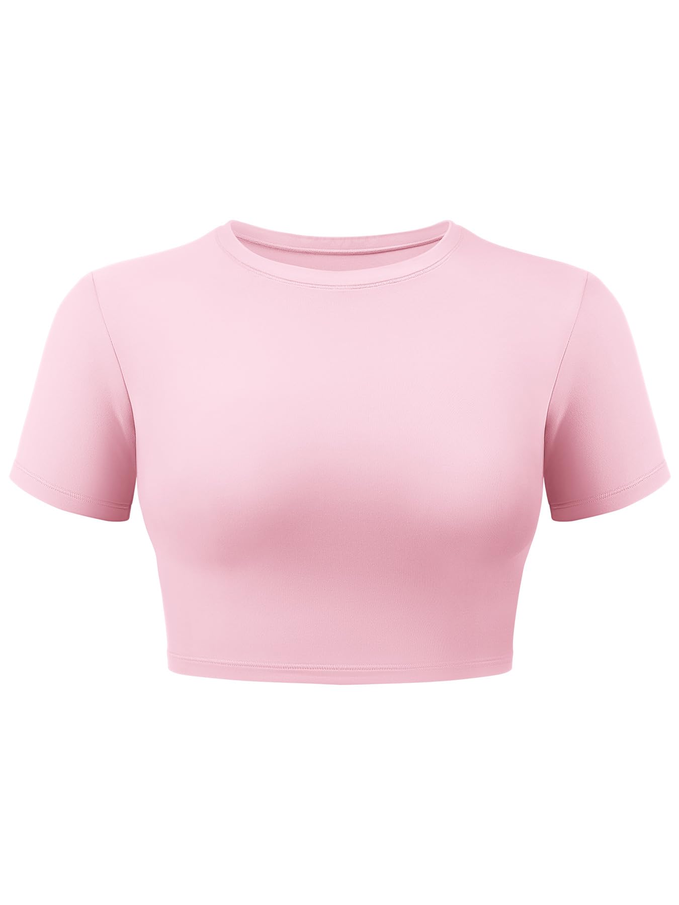 VOYJOY Womens Double Lined Fitted Short Sleeve Crop Tops Crew Neck Tee