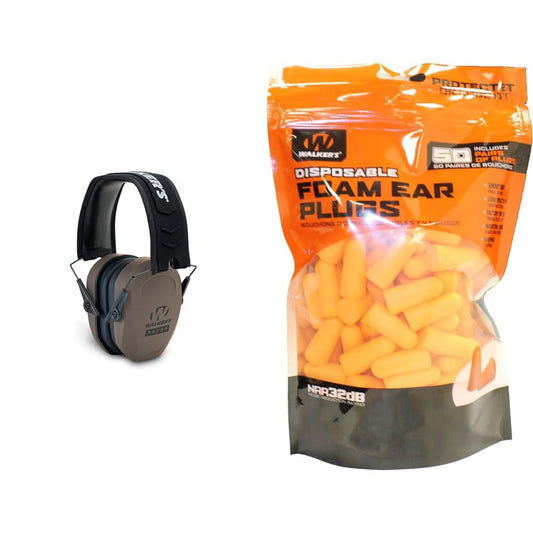 Walker's Razor Slim Passive Earmuff Ultra Low-Profile Earcups Flat Dark Earth Bundle with 50 Pairs Orange Foam Ear Plugs