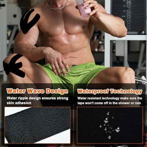 Kinesiology Tape for Knees & Shoulder -2 Rolls Elastic Athletic Sports Tape for Knee Pain Relief, Muscle Strain Relief, Joint Support & Plantar Fasciitis, Waterproof, Breathable & Zero Latex, Black