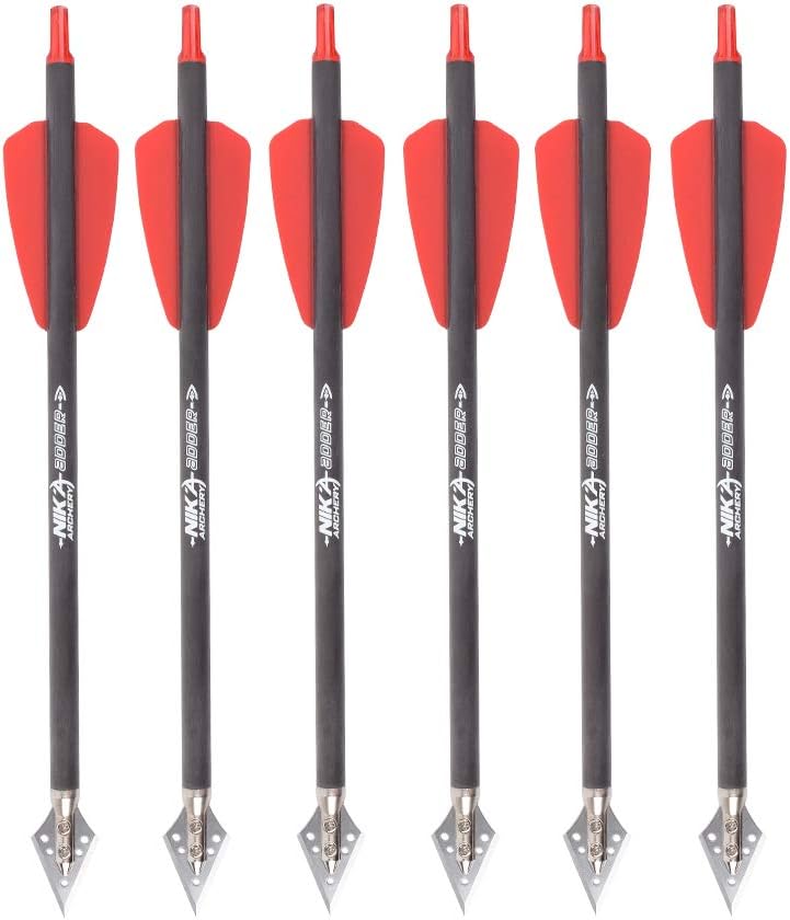NIKA Archery 7.5" Carbon Crossbow Bolts - 2" Red Vanes & 100 Grain Tips | 6 or 12 Pack for Hunting