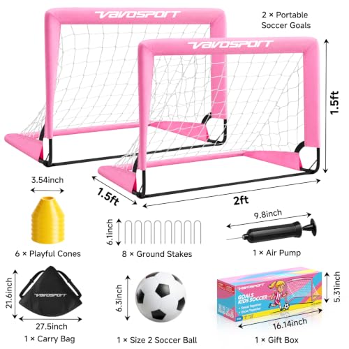 Pink Mini Toddler Soccer Goal Set for Backyard - 2 Pack 2x1.5 ft Kids Soccer Goals with Accessories