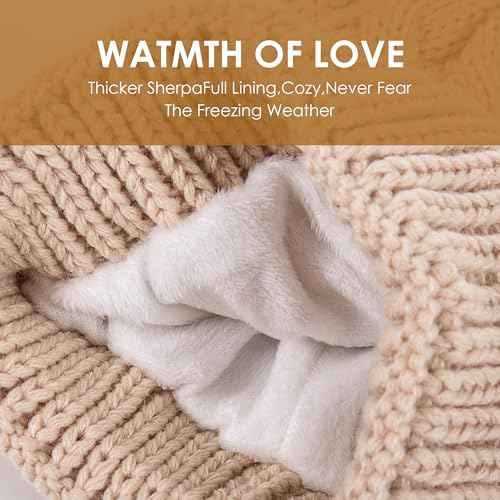 Women's Winter Hat Soft Knit Beanie with Faux Fur Pom Hat with Warm Fleece Lining Skull Cap for Women