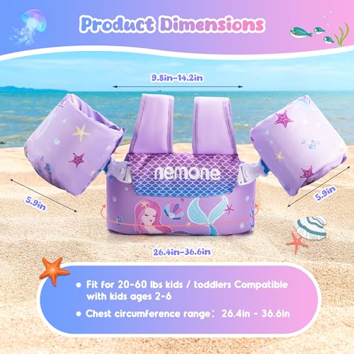 NEMONE Toddler Swim Vest for 20-60 lbs Kids Floaties Swim Jacket with Arm Water Wings for Girls Boys 2 3 4 5 6 7 Years Old Sea Beach Pool