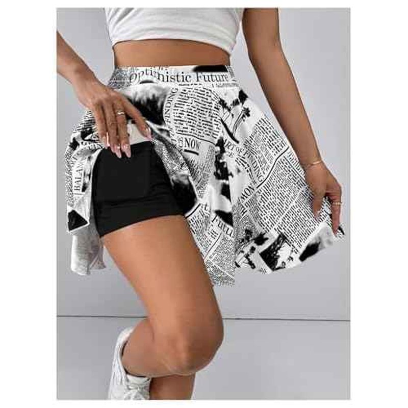 WDIRARA Women's Newspaper Graphic Print Skorts High Waist Flowy Athletic Skirts with Shorts Underneath