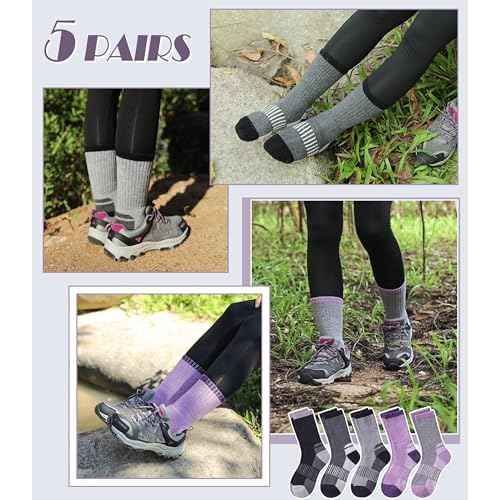 DYW Womens Merino Wool Hiking Socks Thermal Warm Winter Boot Crew Socks Cushion Work Walking Gift Socks 5 Pairs