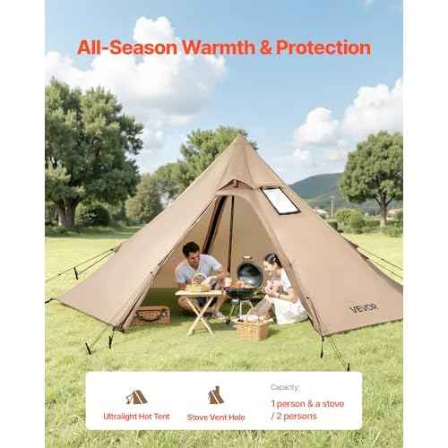 VEVOR Hot Tent, Camping Tipi Hot Tents with Stove Jack, Portable Winter Camping Tents with Snow Skirt, Easy Setup, Waterproof 4 Season Shelter Tents for Fishing Backpacking