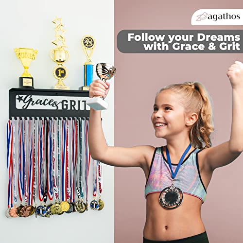 Medal Hanger Display and Large Trophy Shelf - Easy Install Metal Award Holder for Wall - Our 16.5" Sports Medal Display Rack for Gymnastics & Award Ribbons Comes with 10 Inspirational Stickers