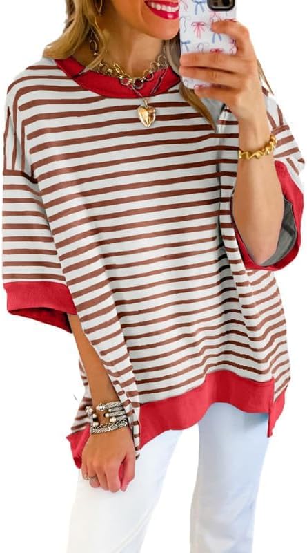Womens Casual Striped Short Sleeve Sweatshirt - Comfortable Crewneck Pullover Top | Loose Fit Blouse