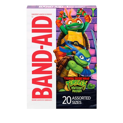 Band-Aid Brand Adhesive First Aid Bandages for Minor Cuts & Scrapes, Wound Care Featuring Nickelodeon TMNT Characters, Fun Bandages for Kids & Toddlers, Sterile, Assorted Sizes, 20 Ct