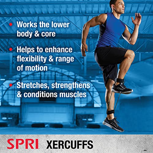 SPRI Xercuff Leg Resistance Band Exercise Cord with Non-Slip Padded Ankle Cuffs, Red, Medium