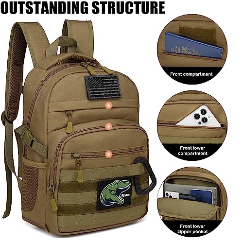 Kids Tactical Backpack Army Molle Bookbag Military Boys Backpack for School, Outdoor, Camping (Includes 2 Patches +1 Carabiner), Brown