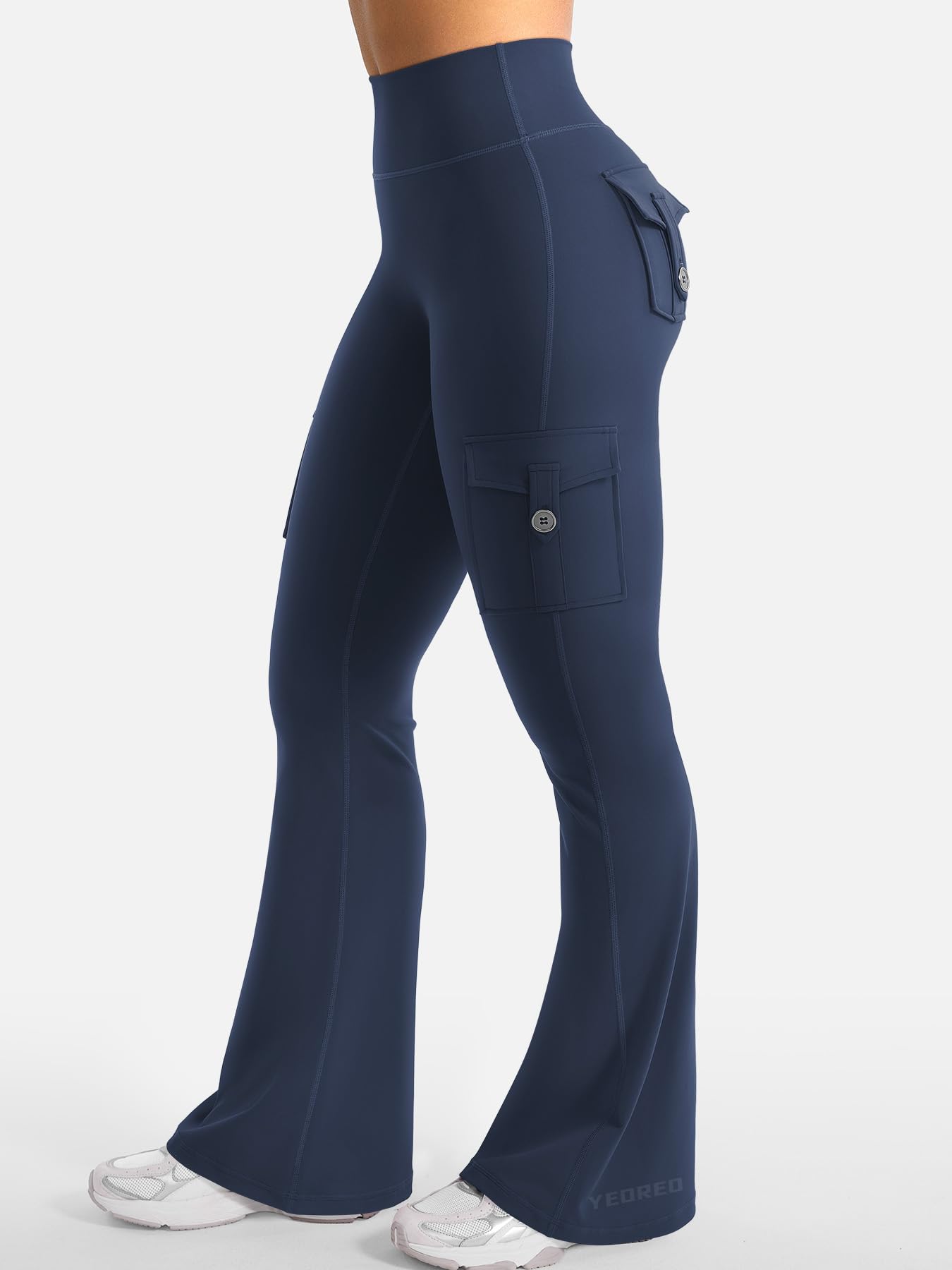YEOREO CoreFlex Women Workout Flare Leggings with Pockets Hidden Scrunch Cargo Gym Yoga No Front Seam Leggings Blue Navy L