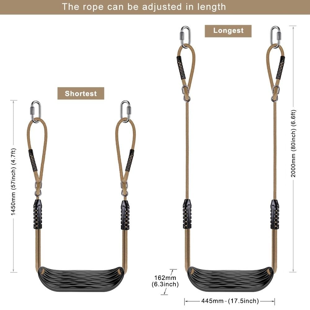 SELEWARE Plastic Swing Seat, Non Slip Tree Swing Set with Adjustable Rope and 4 Carabiners, Heavy Duty Playground Swing Set Accessories for Kid Indoor Outdoor Backyard, Black, 2 Pack