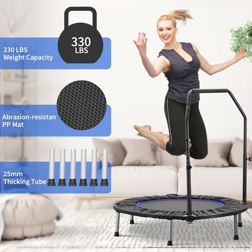 40" Rebounder Trampoline for Adults Fitness Rebounder Trampoline Indoor Outdoor with Adjustable Bar Foldable Min Trampoline Jumping Workouts