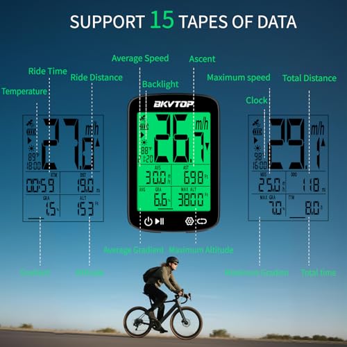 BKVTOP Wireless GPS Bike Computer with Standard Mount, 2.4" Screen, IPX7 Waterproof, 28H Runtime