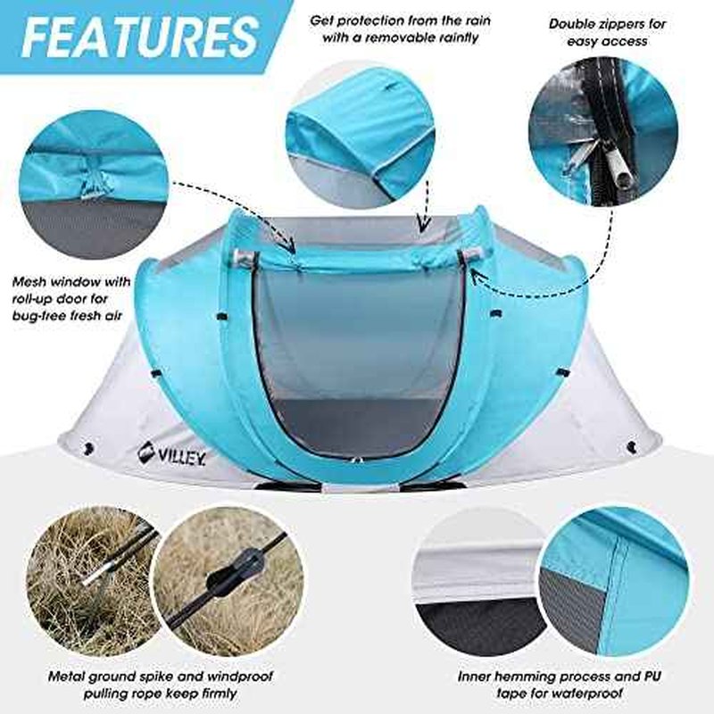 VILLEY 4 Person Easy Pop Up Tent, Waterproof Automatic Setup Instant Lightweight Camping Beach Tent with Carrying Bag for Camping, Hiking & Traveling
