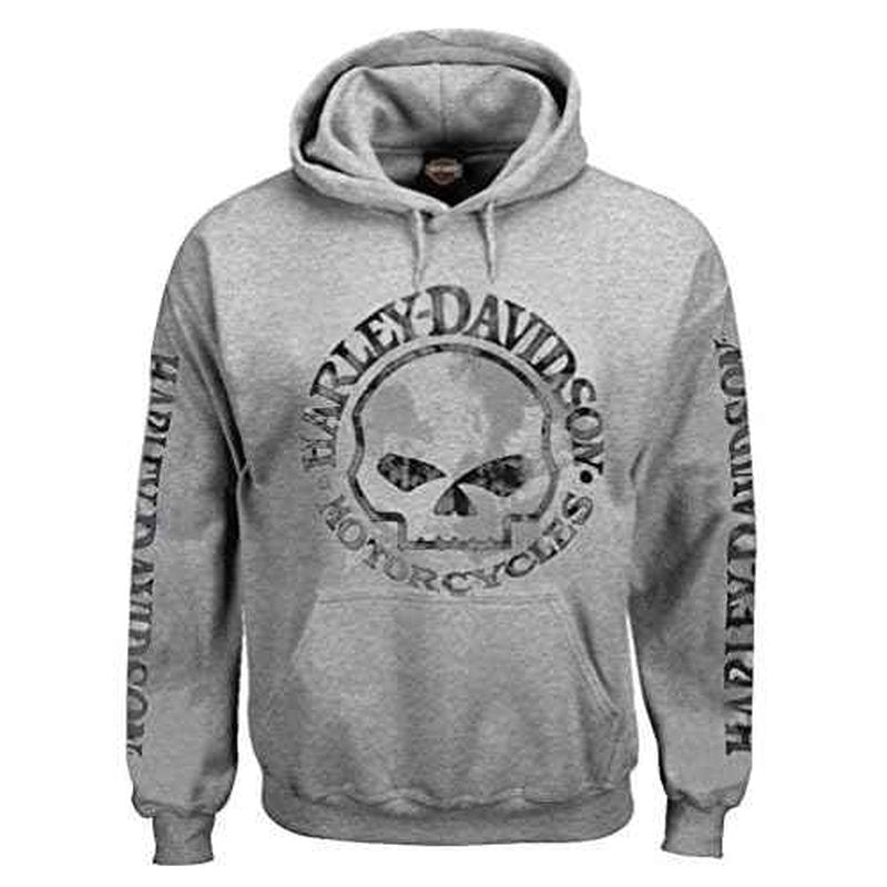 Harley-Davidson Men's Hooded Sweatshirt, Willie G Skull, Gray Hoodie 30296654