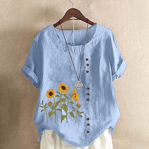 Linen Tops for Women Casual Oversized Summer Graphic Tees Short Sleeve Button Down Blouses Crew Neck Loose Fit Shirt