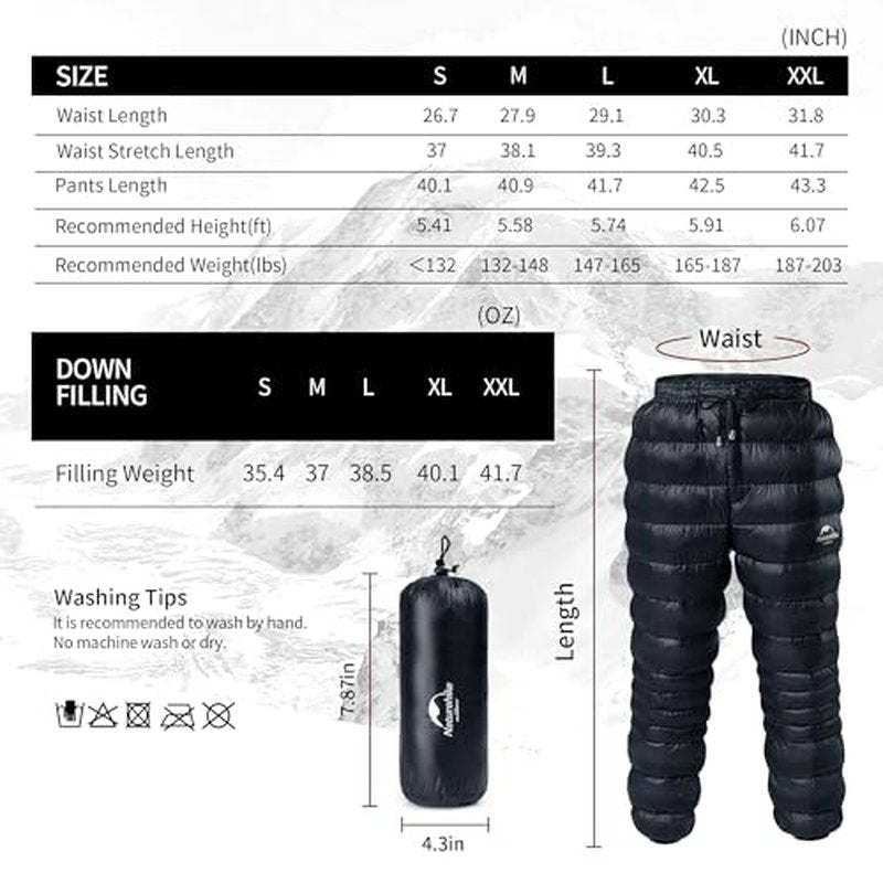 Naturehike Down Pants,Men's Women's Puffy Pants,Winter Warm Outdoor Men Women Ski Snow Pants,Camping Hiking Pants