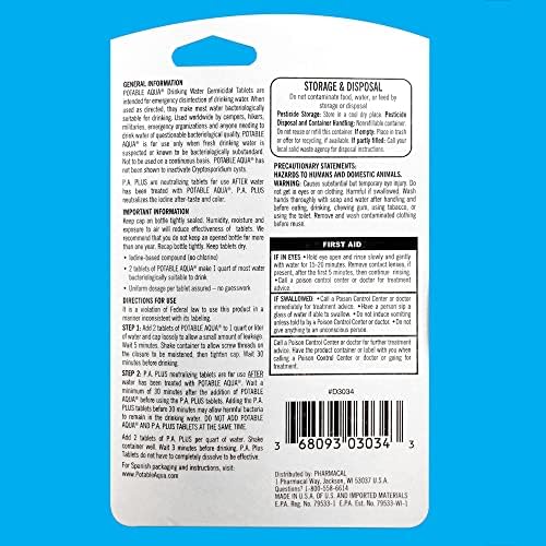 Potable Aqua Water Purification Tablets with PA Plus, Portable and Effective Water Purification Solution for Camping, Hiking, Emergencies, Natural Disasters and International Travel, Two 56ct Bottles