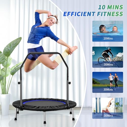 40" Rebounder Trampoline for Adults Fitness Rebounder Trampoline Indoor Outdoor with Adjustable Bar Foldable Min Trampoline Jumping Workouts