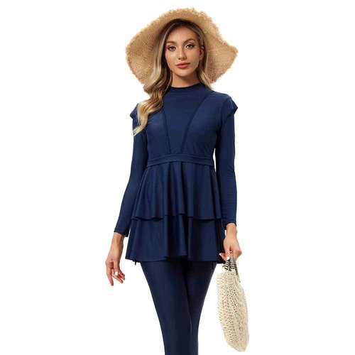 OBEEII Womens Muslim Swimsuits Full Coverage Long Sleeve Swimwear Burkini Hijab Bathing Suit Blue