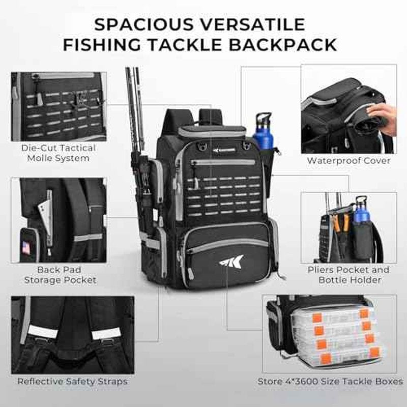 KastKing Bait Boss Fishing Tackle Backpack with Rod Holders-4 Tackle Boxes-Rain Cover,45/43L Large Storage for Fishing Gear