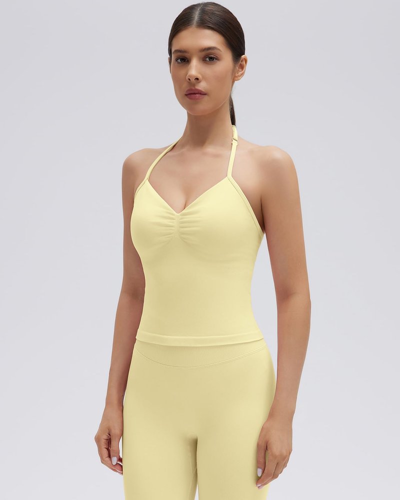 SUUKSESS Impact Longline Strappy Top Halter Workout Top for Women Padded Backless Sport Gym Tank with Adjustable Strap (Pale Yellow, XS)
