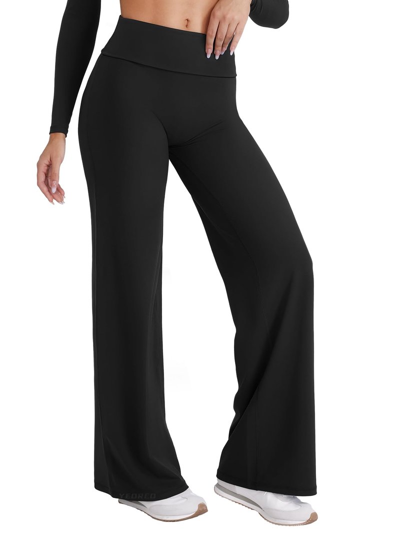 YEOREO SoftHue Straight Leg Leggings Women Fold Over Wide Leg Pants 31.5" Eddiy Casual Gym Workout Sweatpants Black L