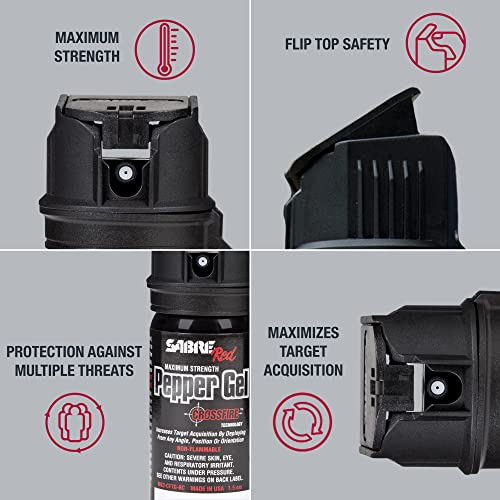 SABRE Crossfire Pepper Gel for Self Defense, Deploys At Any Angle, Maximizes Target Acquisition Against Threats, Easy Carry Belt Clip, Safety Flip Top, Max Police Strength Pepper Spray, 1.5 fl oz