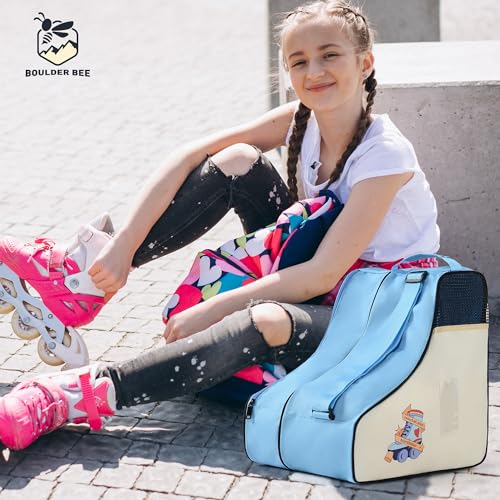 Boulder Bee Roller Skate Bag, Ice Skate Bag for Women with Adjustable Shoulder Strap, Shoe Bag for Ice Skating/Inline Skates, for Both Kids and Adults (Blue)