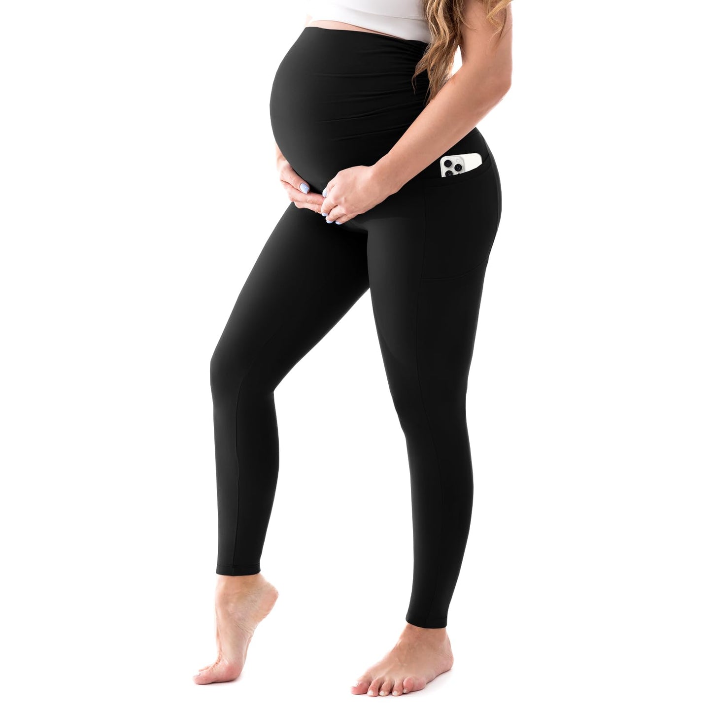 Walifrey Women's Maternity Leggings with Pockets Over the Belly,Pregnancy Yoga Pants Activewear Workout Leggings Black L