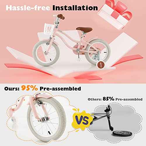 BABY JOY Kids Bike, 12 14 16 18 20 Inch Boys Girls Bike w/Adjustable Seat, Removable Basket, Handbrake & Coaster Brake, Training Wheels or Kickstand, Kids Bicycle with Multi-Color