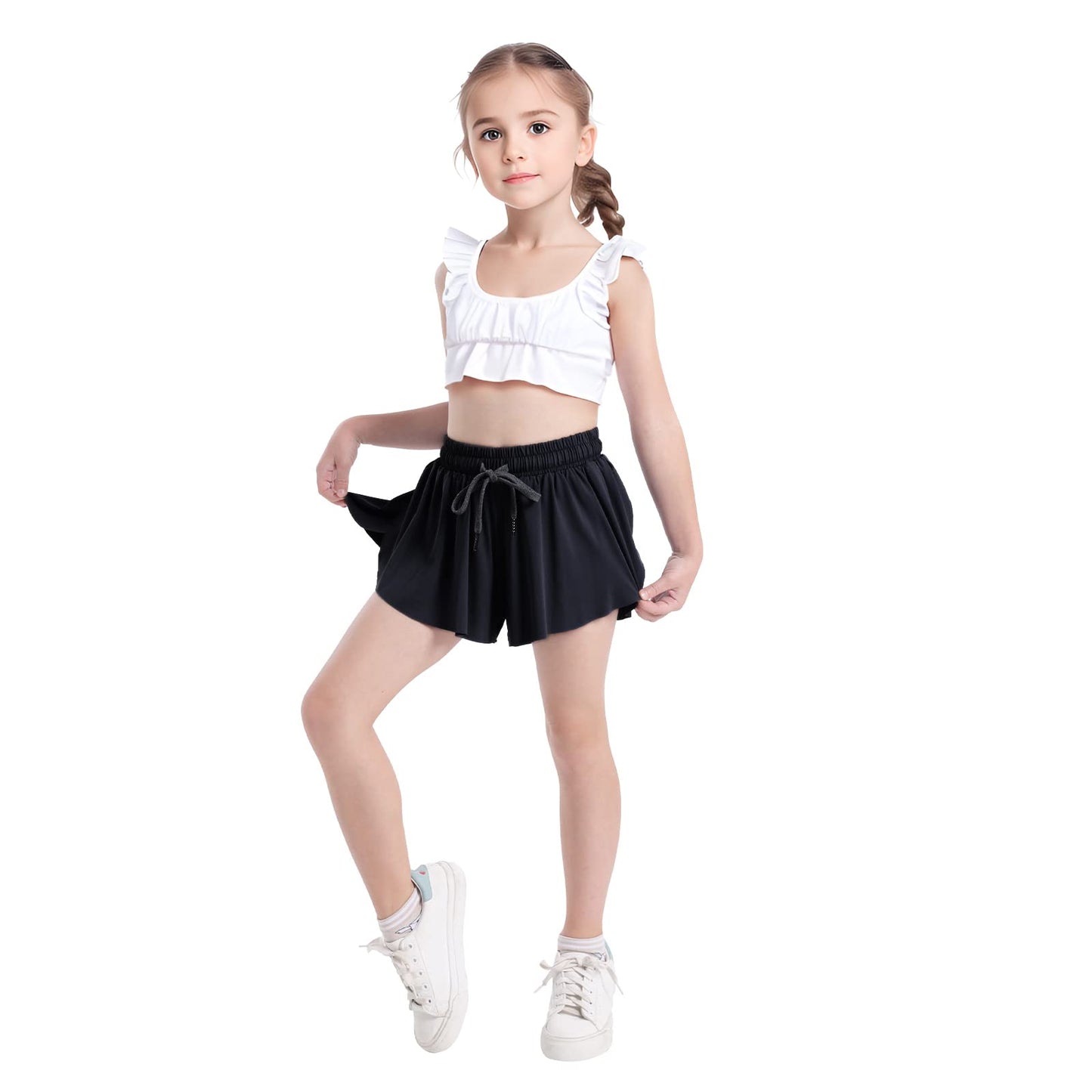 Girls Flowy Skirt Shorts Preppy Shorts 2 in 1 Butterfly Running Shorts with Pockets for Dance School Wear Gym Fitness Sleep Black